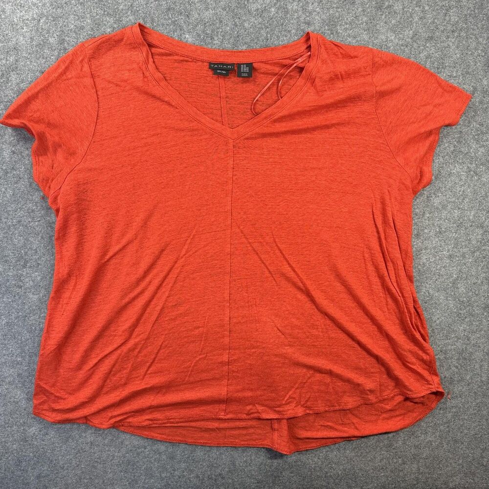 Tahari Shirt Womens 2X Orange 100% Linen V Neck Short Sleeve Relaxed Fit